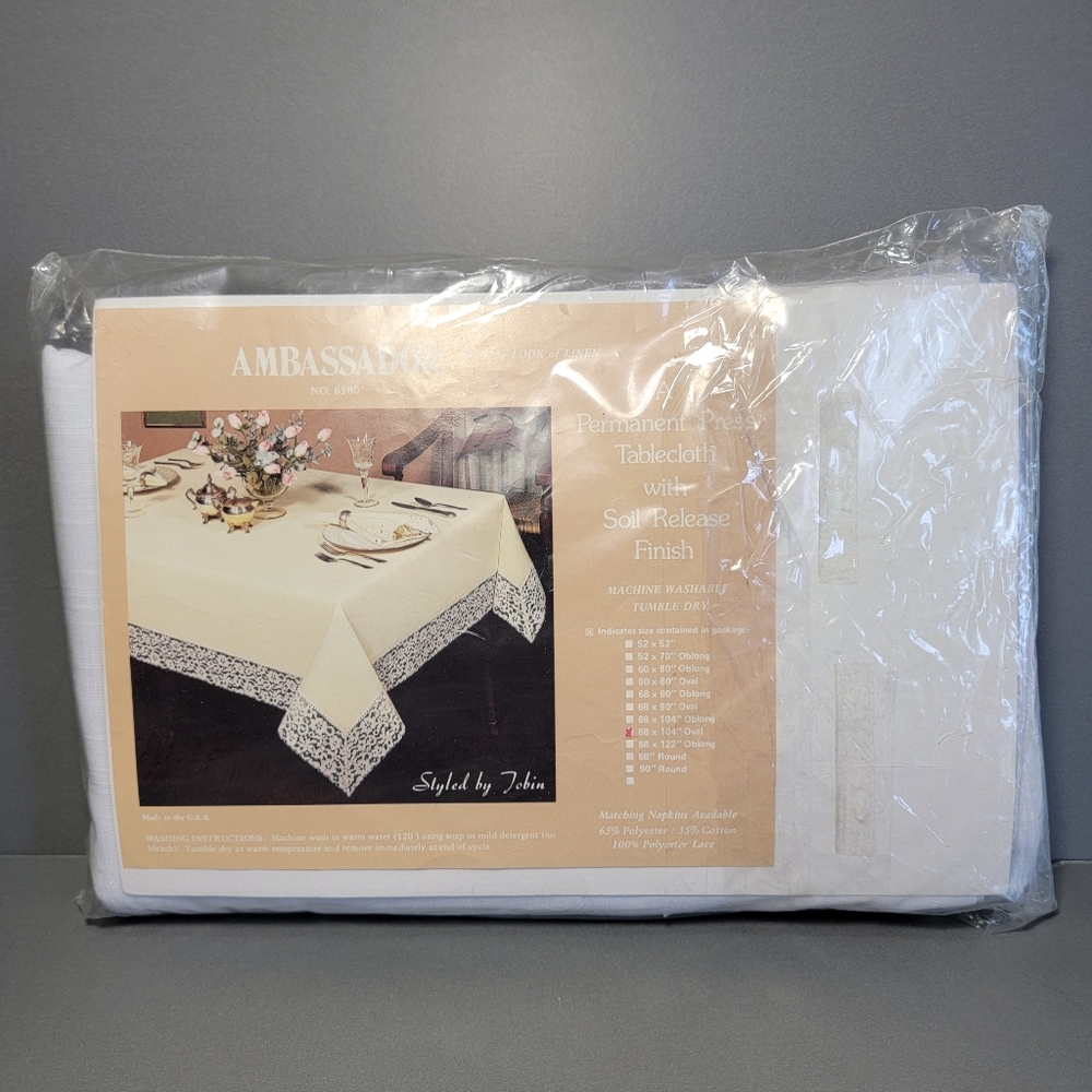 Vintage Tablecloth Ambassador No. 6100 White 68 X 104 Oval New Styled